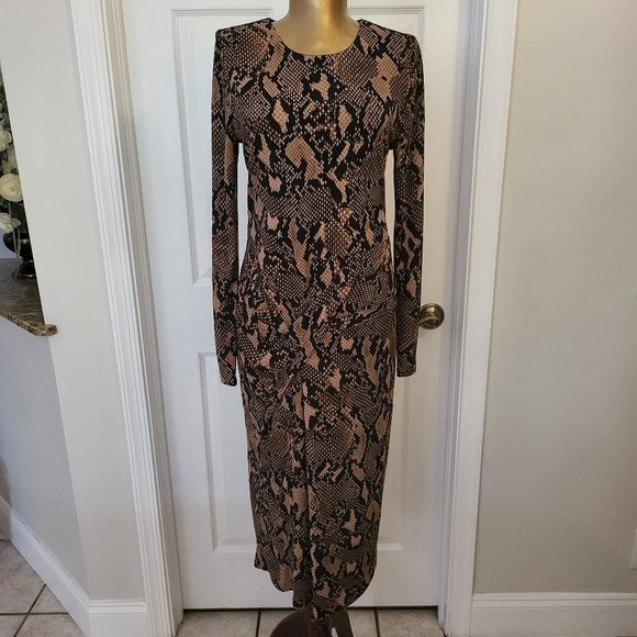 DONNA KARAN NEW YORK CLASSIC REVIVAL BLACK BEIGE SNAKE PR DRAPE DRESS 8 NWT - Picture 1 of 11